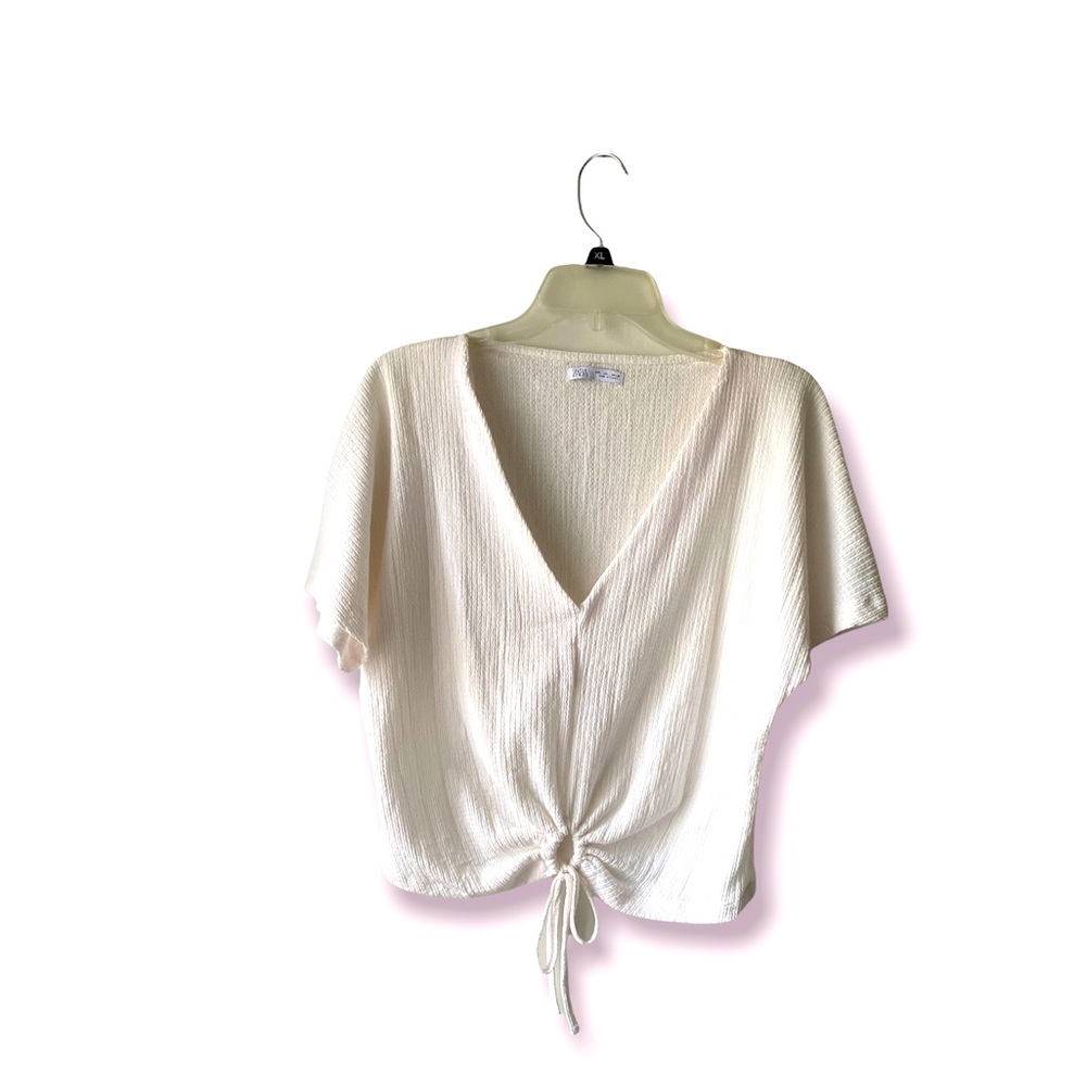 Zara White Textured Short Sleeve, Front Keyhole Drawstring Vneck Crop Top size L